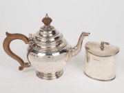 A sterling silver teapot by Mappin & Webb of Birmingham; together with a sterling silver tea caddy, made in Birmingham, 20th century, the teapot 15cm high, 482 grams total including wooden handle and finial