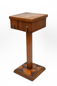 An unusual Art Deco folk art two drawer pedestal table made from Queensland rain forest timbers, 20th century, 61cm high, 26cm wide, 25cm deep