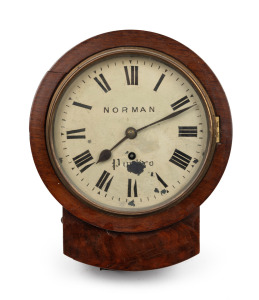 An antique English 8" drop-dial wall clock with fusee time only movement and Roman numerals in mahogany case, dial marked "NORMAN, PIMLICO", 19th century, ​​​​​​​31cm high overall.