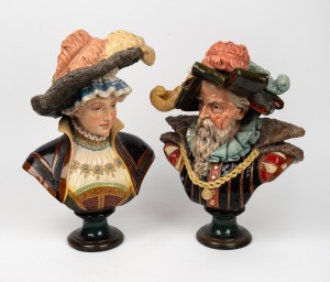 A pair of antique German majolica busts, 19th/20th century, the larger 46cm high