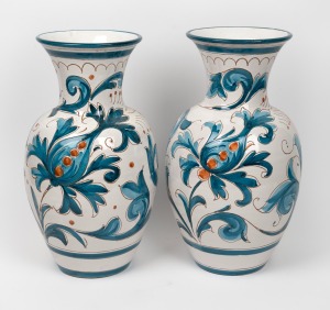 A pair of vintage Italian pottery mantle vases with hand-painted blue decoration, mid 20th century, A/F, 42.5cm high