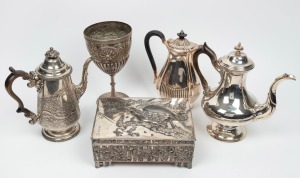 A Japanese white metal jewellery casket with eagle top; together with an antique silver plated Australian trophy cup "Sale Swimming Club, 1872. All Comers. J. Thomson." and three silver plated tea and hot water pots, mixed vintages, (5 items), the box 24cm wide