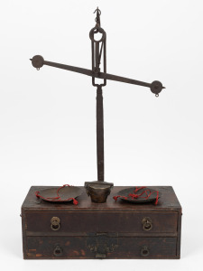 Antique Chinese scales mounted on timber base with drawers and an attractive set of cup weights, 19th century, 60cm high overall