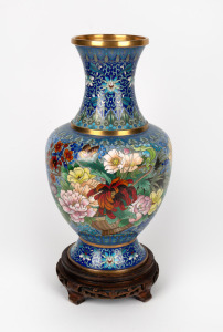 A vintage Chinese blue cloisonne&nbsp;vase on carved timber stand, early to mid 20th century, 45cm high overall