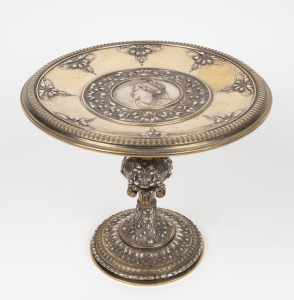 70 · ELKINGTON & CO impressive antique English silver plated tazza in the Renaissance style with gilt finished highlights, 19th century, factory mark to base, 22cm high, 27cm wide