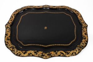 An antique English papier m&acirc;ch&eacute; lacquer ware tray with Chinese gilt scrolling dragon decoration to the border, circa 1860, 70 x 56cm