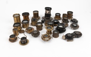 Group of twenty-nine brass lenses of various makes and types from such manufacturers as Dallmeyer, Baker & Rouse, and Marion & Co. Inspection will reward!