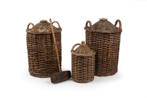Three stoneware and cane demijohns; together with a cooper's mallet, 19th/20th century, (4 items), the largest 53cm high