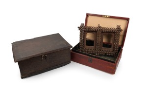 An antique Australian crown of thorns cedar picture frame; together with an antique English oak box and an antique scarlet leather box, 19th/20th century, (3 items), the frame 34 x 40cm overall