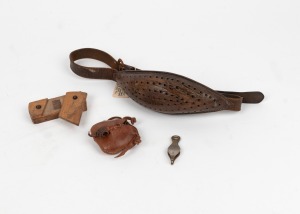Falconry leather hood,&nbsp;Scottish whisker belt, chicken toe punch and a lovely user-made timber vesta case with attractive opening mechanism, (4 items), the timber vesta case 8cm wide