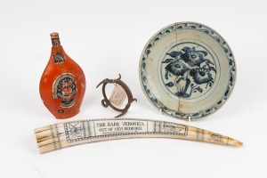 Ming Dynasty shipwreck bowl (damaged); together with an antique grappling hook, antique gun powder flask and reproduction cast resin scrimshaw walrus tooth, (4 items), the bowl 23cm diameter