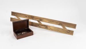 A box of assorted antique and vintage coins; together with a vintage brass parallel rule, (qty), the rule 24 inches