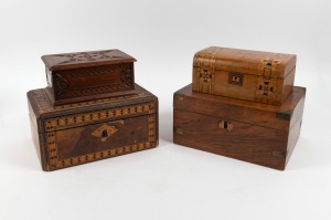 Four assorted antique boxes, walnut and kauri pine, 19th century, the largest 30cm wide