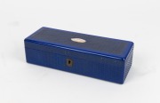 An antique French jewellery box&nbsp;with unusual engine turned decoration finished in blue and mother of pearl lozenge, 19th century, 7cm high, 24cm wide, 9cm deep.