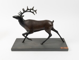 ANTHONY VAN DER ZWEEP (1960 - )"Stag" cast bronze statue on stone plinth, signed "A.D. VAN DER ZWEEP, 2003, 1/6", 38cm high, 50cm long.