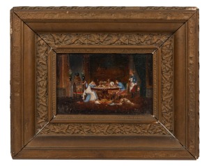 ARTIST UNKNOWN, interior scene, oil on board, remains of label verso (illegible), 10 x 16cm, 25 x 31cm overall.