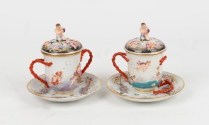 A pair of antique Italian porcelain chocolate cups and covers with saucers, Naples, 18th/19th century, 12cm high each overall