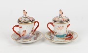 A pair of antique Italian porcelain chocolate cups and covers with saucers, Naples, 18th/19th century, 12cm high each overall