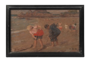 ARTIST UNKNOWN, (figures on a beach), oil on canvas, signed lower right "V.M.H.", Note: ​​​​​​​English framing label and canvas, 22 x 36cm, 27 x 41cm overall.