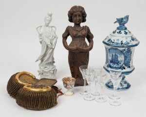 Antique English epaulettes, set of six&nbsp;liqueur glasses, Delft porcelain blue and white lidded urn, blanc de chine Guanyin statue, a carved timber statue, and a porcelain egg cup, 19th/20th century, (6 items), the largest 32cm high