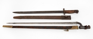 An antique socket bayonet in scabbard, mid 19th century; together with a vintage bayonet in scabbard, 20th century, (2 items), 64cm and 56cm