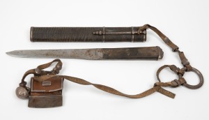 An antique Mongolian knife in scabbard with attached leather belt and tinder, 19th century, 37cm long overall