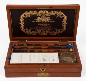 WINSOR & NEWTON antique English watercolour artist box with fitted interior and attractive embossed gilt advertising to the underside of lid, 19th century, 28.5cm wide