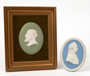 WEDGWOOD "Ludwig Mond" framed and mounted jasper ware plaque; together with a WEDGWOOD "Bicentenary of Cook's First Voyage" jasper ware plaque, limited edition of 200 copies, 20th century, (2 items), the frame 21 x 17cm overall