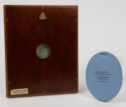 WEDGWOOD "Ludwig Mond" framed and mounted jasper ware plaque; together with a WEDGWOOD "Bicentenary of Cook's First Voyage" jasper ware plaque, limited edition of 200 copies, 20th century, (2 items), the frame 21 x 17cm overall - 2