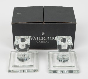 WATERFORD pair of crystal candle sticks in original box of issue, acid etched "Waterford", 10cm high