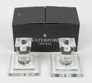 WATERFORD pair of crystal candle sticks in original box of issue, acid etched "Waterford", 10cm high