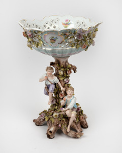 MEISSEN antique German porcelain figural comport (in two sections), with floral decoration, 19th century, crossed swords mark to base, 46cm high