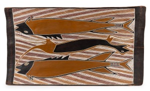 ARTIST UNKNOWN, (two fish and a lizard), earth pigment on bark, ​​​​​​​signed verso, 52 x 91cm overall.