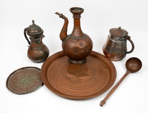 Antique and vintage Eastern copper trays, ladle, tea pots and water pot, mixed origins and ages, (6 items), ​​​​​​​the larger tray 48cm wide.