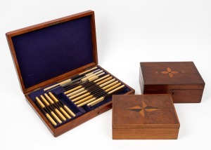 Antique ivorine handled knives and carving tools in oak canteen (Note: two knives missing); together with two homemade Australian timber boxes, 19th/20th century, (3 items), the canteen 41cm wide