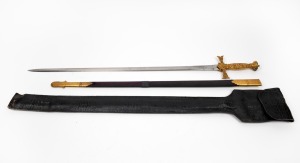 MASONIC ceremonial sword and scabbard with ornate gilt metal hilt and additional leather carrying pouch, early to mid 20th century, 89cm long