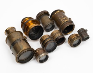 Group of nine uninscribed brass lenses, of varying type and specification. (9 items)