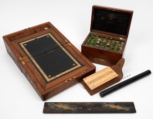 Antique English walnut writing box; together with an antique mahogany apothecary box, an antique rolling rule, a parallel rule and a pocket calculator in leather case, (5 items), the writing box 30cm wide