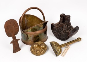 Brass fuel helmet, antique Chilean stirrup, African fertility statue, a brass vintage automotive bulb holder and an ornate brass telescopic horse comb, 19th/20th century, (5 items), the helmet 30cm high
