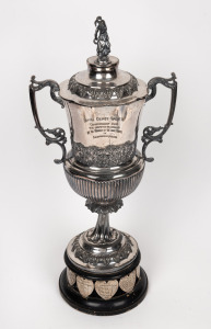 "NAVY DEPOT SPORTS CHAMPIONSHIP CUP PERPETUAL TROPHY" silver plated two handled lidded trophy, early 20th century, 54cm high