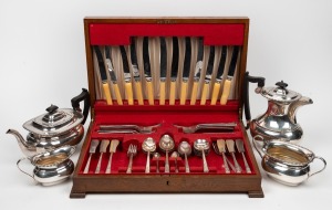 A four piece silver plated tea service, together with a canteen of silver plated cutlery, 20th century.