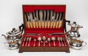 A four piece silver plated tea service, together with a canteen of silver plated cutlery, 20th century.