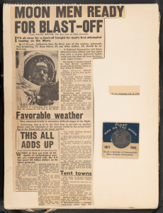 FIRST MAN ON THE MOON July 1969 "Struck In Australia To Commemorate Mans Greatest Achievement" medallion in white metal housed in original blue and white card; together with a period scrapbook with many news clippings of the event. (2 items).