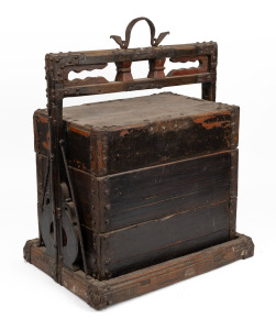 An antique Chinese stackable wedding trunk with iron fittings, 19th/20th century, 65cm high, 52cm wide, 36cm deep