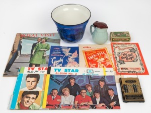 English blue porcelain jardiniere, pocket calculating device, vintage surgical syringe in original box, salesman sample porcelain kettle with bakelite top (10.5cm high) and assorted publications and ephemera, (qty)