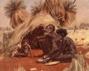ALLAN THOMAS BERNALDO (1900-1988), (Aboriginal family), watercolour, signed lower left "Allan T. Bernaldo", Sotheby's&nbsp;Auction label and Leonard Joel Auction label verso, 29 x 37cm, 54 x 59cm overall