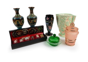 A pair of Chinese cloisonne vases (damaged), green glass butter dish and cover, Czechoslovakian glass biscuit barrel, antique English black glass mantle vase with hand-painted enamel decoration (missing lid), Beswick&nbsp;ware green pottery Art Deco vase and a
