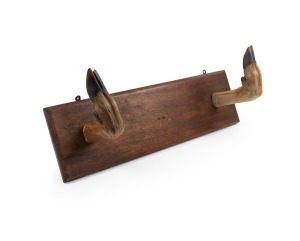A vintage deer hoof coat rack, mounted on Tasmanian oak board, 72cm wide