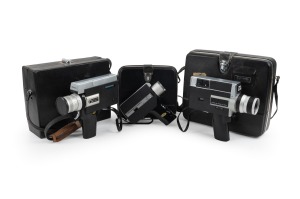 Group of three Canon super8 film cameras including auto zoom 518, Zoom 250 and a 518 SV. In mixed condition including hard cases