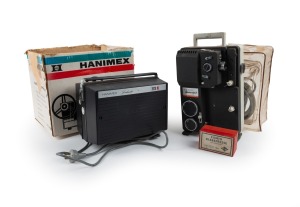 Two film projectors including Hanimax Dual-8 and a Chinon standard 8 along with projector lamp and film splicer.